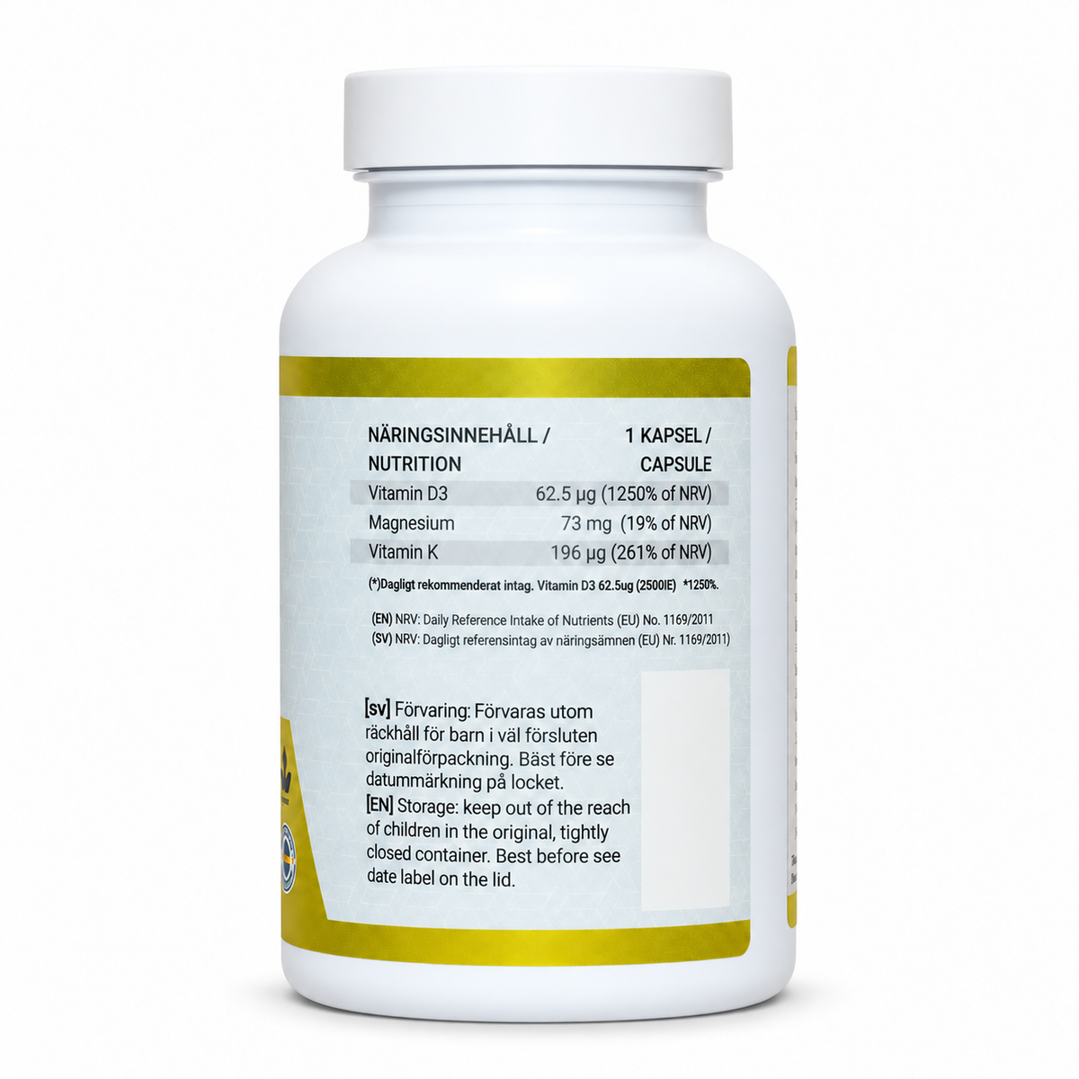 Swedish Powerfactory Solkraft D3+K2+Magnesium 90 kapslar, baksida
