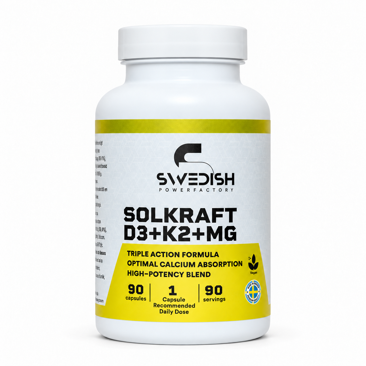 Swedish Powerfactory Solkraft D3+K2+Magnesium 90 kapslar, framsida